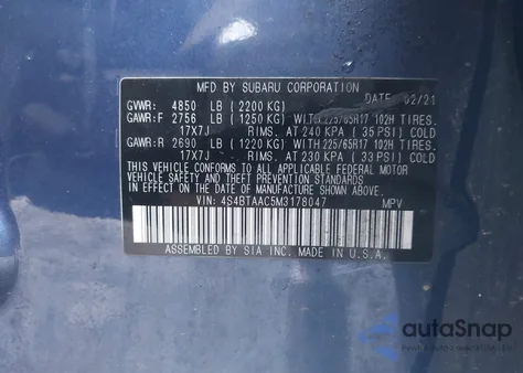 2021 Subaru Outback z USA, uszkodzony, nr VIN 4S4BTAAC5M3178047